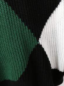 Teen Boy Colorblock Crew Neck Soft Comfortable Dropped Shoulder Long Sleeve Casual Loose Knit Sweater, Autumn/Winter Geometric Sweater Knitwear Black Green Sweater Sweaters For Teen Boys Boys Knitwear Knit Sweater For Teen Boys