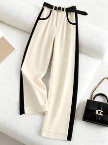 Franclia Pantalones de punto con bolsillos en parchwork beige, otoño/invierno, talla grande