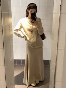 DAZY Women's Crew Neck Lace Patchwork Sweater Long Sleeve & Skirt 2 Pieces Set - Khaki - View 8