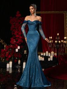 Glamrae Elegant Blue Lace Fabric Satin Patchwork Mermaid Dress,Off Shoulder Long Sleeve Boned Bra Cup Formal Gala Wedding Event Birthday Party Gown With Train - Lake Blue - View 5