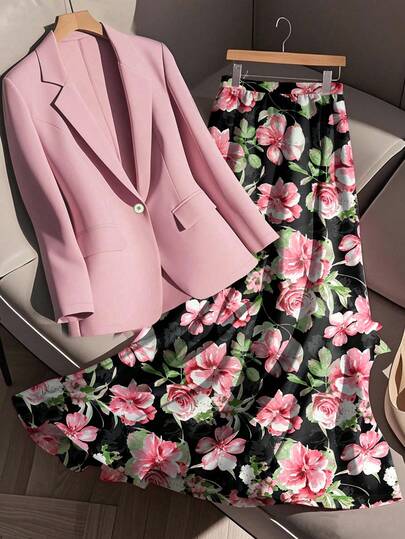 GlowEve CURVE Plus Size Women's Fashionable Commuter Gentle Elegant Floral Print Blazer And Loose A-Line Skirt 2-Piece Set, Business Casual Outfit Blazer Set Women Skirt Suits For Women Two Pieces Women Sets Skirt Floral Blazer Blazer Skirt Set Spring Outfits For Women