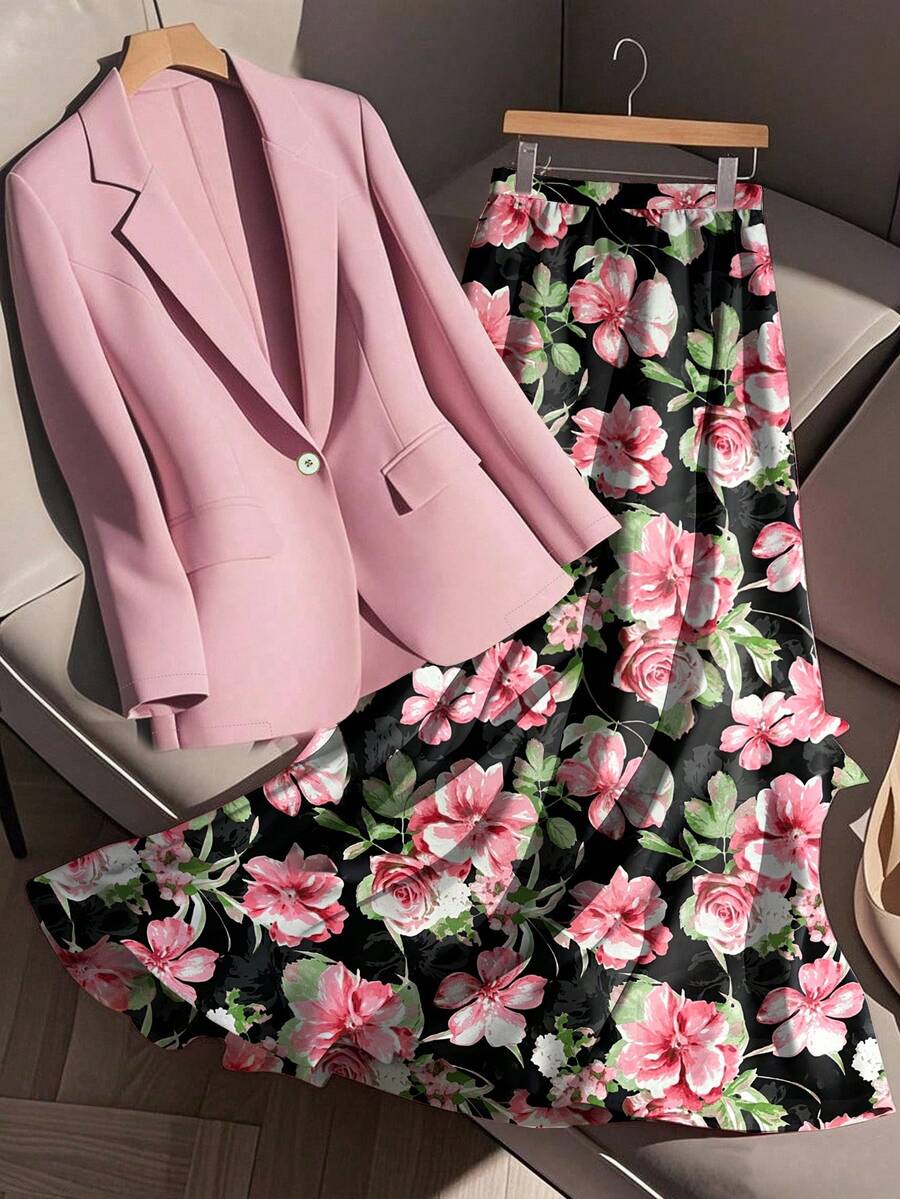 GlowEve CURVE Bộ đồ 2 mảnh thời trang dành cho nữ cỡ lớn, kiểu dáng thanh lịch, nhẹ nhàng, in hoa, gồm áo blazer và chân váy chữ A dáng rộng, trang phục công sở thường ngày, bộ áo blazer và chân váy cho nữ, bộ đồ hai mảnh cho nữ, áo blazer in hoa và chân váy, trang phục mùa xuân cho nữ. - Màu Hồng baby - Xem 1