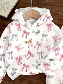 SHEIN 可爱蝴蝶结印花粉色学院风法式复古甜美女宝宝休闲宽松舒适柔软针织连帽衫和运动裤套装适合秋冬 - 彩色 - 查看 7