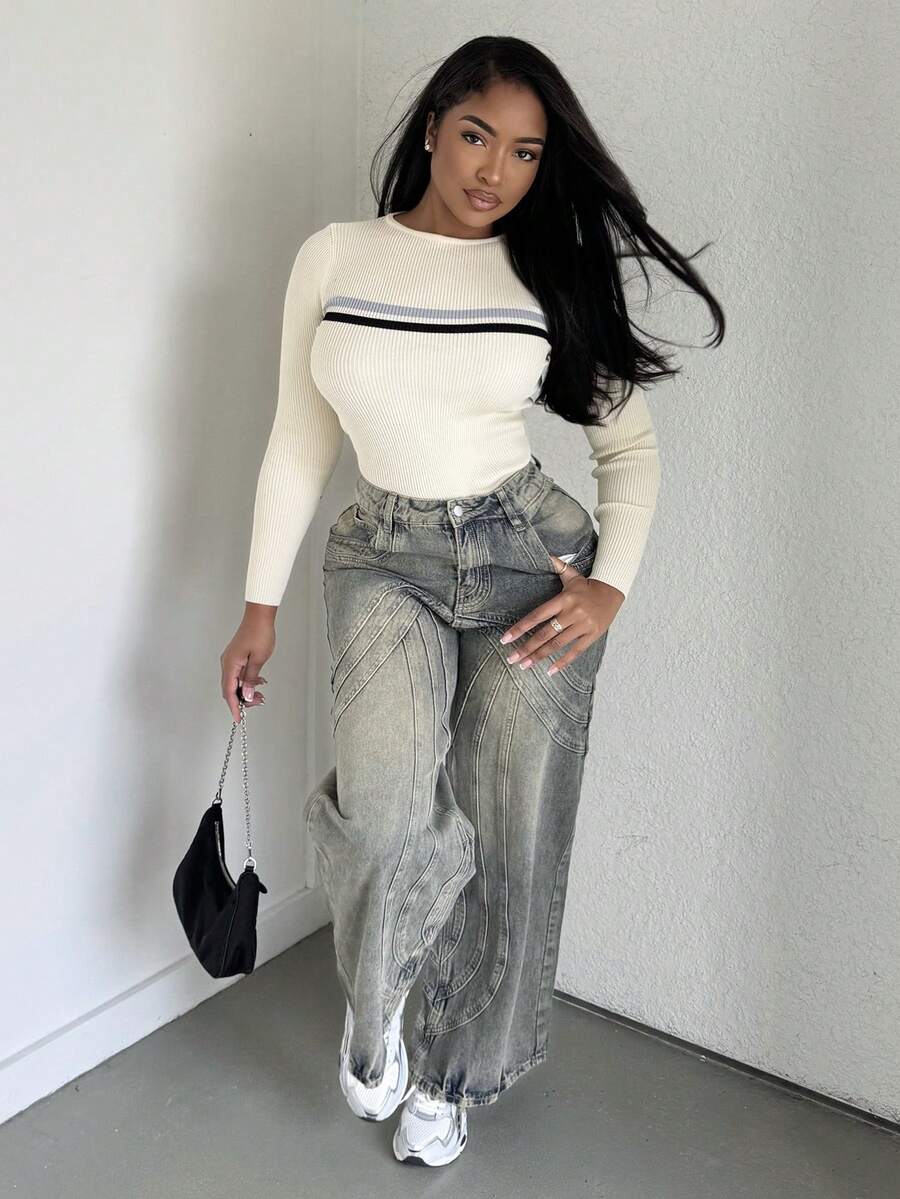 Alexandranx 缝线宽松牛仔裤，春季 90 年代 Y2k 休闲可爱浓咖啡西部音乐会节秋季秋冬纳什维尔秋季秋季返校办公室工作 - 芥末黃 - 查看 1