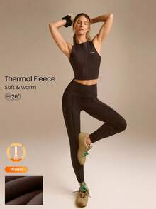 GLOWMODE 26" FeatherFit™-Warm CozyCore Soft Warm Stretchy High-Rise Waist Front Seam Zipper Side Pockets Leggings Low-Impact Yoga Pilates Studio Daily Casual Fall Winter - Chocolate Brown - View 1