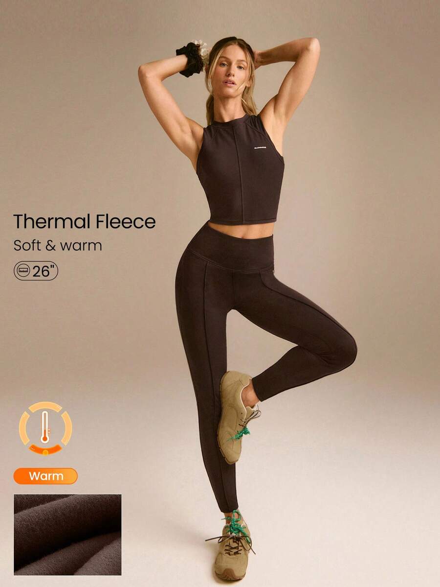 GLOWMODE 26" FeatherFit™-Warm CozyCore Soft Warm Stretchy High-Rise Waist Front Seam Zipper Side Pockets Leggings Low-Impact Yoga Pilates Studio Daily Casual Fall Winter - Chocolate Brown - View 1