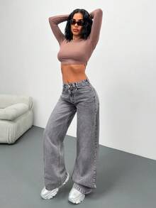 EURMUSE Low Waist Wash Detailed Wideleg Jean - Grey - View 7