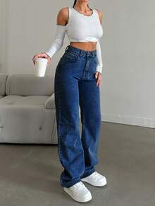 EURMUSE 100%Cotton Straight Leg Jeans Snow Wash - Royal Blue - View 3