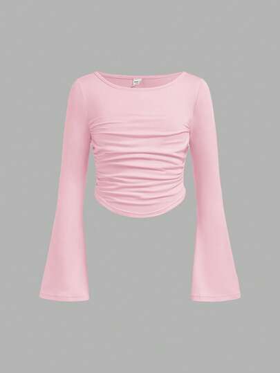 SHEIN Girlism T-shirt med rund hals och volang, utsvängda ärmar och långärmad för tween-flickor