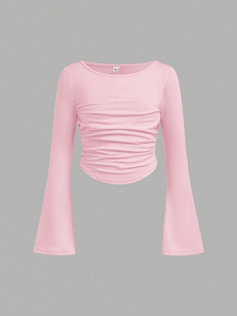 SHEIN Girlism 青少年女孩合身休闲圆领荷叶边喇叭袖长袖 T 恤 - 淺粉色 - 查看 1