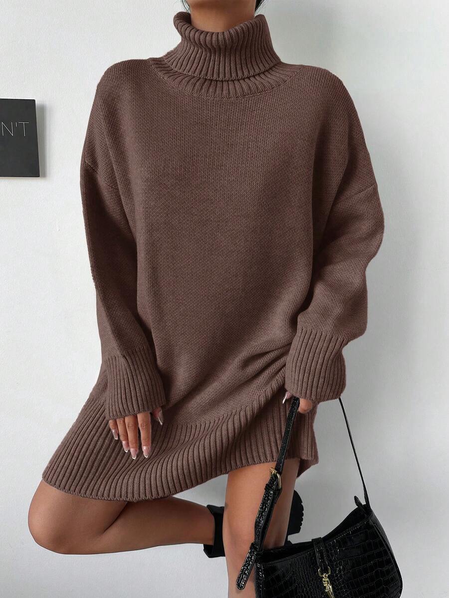 EURMUSE Đầm len dài tay cổ cao màu trơn thường ngày cho nữ - màu nâu - Xem 1