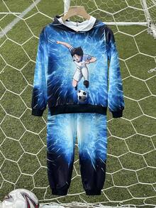Captain Tsubasa X SHEIN 2 件青少年男孩运动休闲大翅膀人物图案激光背景连帽衫和运动裤套装 - 黑色 - 查看 3