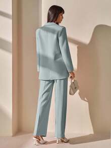 CLARA VERO Blazer With Single Button Closure And Flap Pockets, Paired With Matching High-Waist Trousers, Elegant Two Pieces Suit Set - Mint Green - View 2