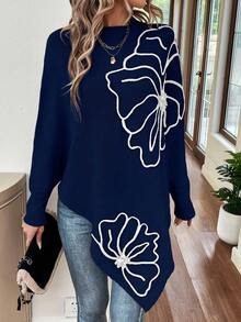 SHEIN LUNE 女士秋冬时尚3D花卉装饰蝙蝠袖毛衣 - 藍色 - 查看 6