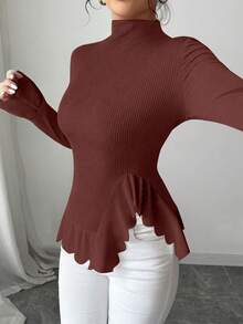 Elenzga Women's Lace Trim Turtleneck Solid Color Minimalist Everyday T-Shirt - Red - View 5