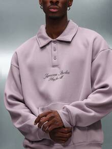 PLAYBOY X SUMWON Crop Fit Oversized Rugby Collar Sweatshirt With Front Buttons And Chest Embroidery For Casual Winter Comfort - Dusty Purple - View 1