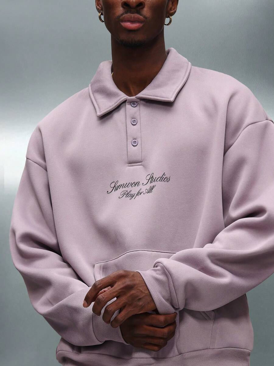 PLAYBOY X SUMWON Crop Fit Oversized Rugby Collar Sweatshirt With Front Buttons And Chest Embroidery For Casual Winter Comfort - Dusty Purple - View 1