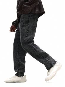 SUMWON Acid Wash Straight Fit Denim Jeans For Streetwear Urban Casual Winter Fall Fashion Plain - Black - View 2