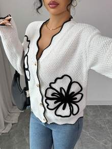 SHEIN Elenzya Chaqueta de punto de mujer con cuello en V estilo retro francés, bordado 3D negro + dobladillo ondulado de contraste de ajuste ceñido de un solo botonadura