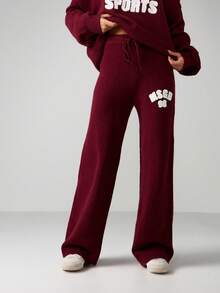 MISSGUIDED 针织阔腿运动裤，饰有品牌标志，秋冬舒适休闲裤，圣诞节必备 - 酒紅色 - 查看 5