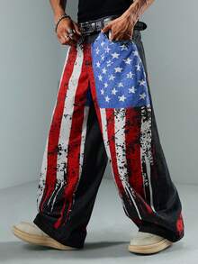 ROMWE MEN Street Life Men's Flag Print Curved Blade Jeans - Blue - View 7