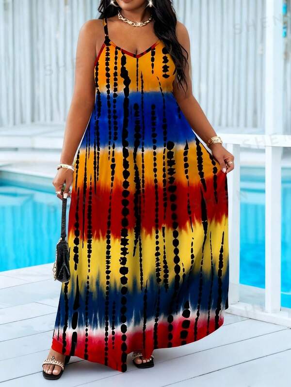 SHEIN Lady فستان صيفي غير رسمي مع ألوان متباينة وطبعات باتيك ،فستان كاجوال بحمالات رفيعة وتنورة أجراس، فستان أفريقي مربع الشكل، فستان كبير الحجم