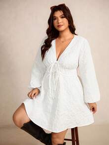 Elaquor Plus Size Solid Color Minimalist V-Neck Tie Front Long Sleeve Dress - White - View 7