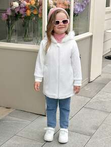 Young Girl Fuzzy Trim Hooded Thermal Lined Coat Without Sweater - White - View 4