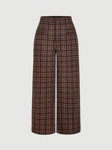 SHEIN MOD Quần ống rộng ống đứng họa tiết kẻ caro cổ điển thanh lịch cỡ lớn, phù hợp cho việc đi lại trong thành phố - màu nâu - Xem 7