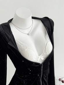 SHEIN Unity 女士黑色丝绒卫衣，闪光面料，修身显瘦，连帽长袖，休闲通勤，秋冬季 - 黑色 - 查看 3