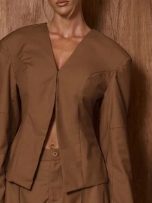 MUSERA Low V-Neck Structured Padded Shoulder Cinched Waist Blazer Only Cute Date Night Going Out Autumn Fall Night Out Work Clean Cut Winter Party Spring - Chocolate Brown - View 2