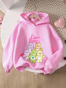 SHEIN X Care Bears Tween Girl Casual Pink Bear Print Long Sleeve Hooded Fleece Sweatshirt, Comfortable & Soft, Suitable For Autumn/Winter Cute Hoodies For Girls Cute Sweatshirts For Girls Kawaii Clothes Kids Kid Cute Tops - Pink - View 1