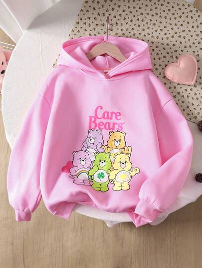 SHEIN X Care Bears Tween Girl Casual Rosa Björnmönster Långärmad Fleece Tröja med Huva, Bekväm & Mjuk, Lämplig För Höst/Vinter