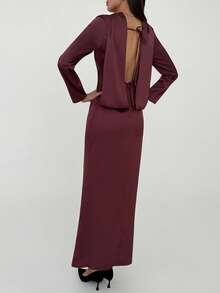 Aloruh Women's Backless Ruched Waist Fishtail Maxi Dress, Autumn/Winter Burgundy - Burgundy - View 2