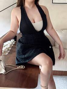 Flirla Plus Size Fashionable & Elegant Backless Halter Jumpsuit - Black - View 4