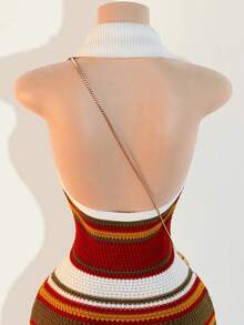 SHEIN PETITE 短款条纹针织连衣裙，春秋 - 白色 - 查看 3