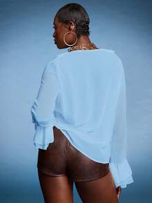 Normani Áo cánh mùa thu cổ chữ V tay loe bằng vải voan trơn màu thanh lịch kiểu Pháp, rộng rãi, thông thường dành cho nữ - Màu xanh lam - Xem 2