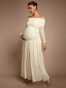 MaterniChic Maternity Off Shoulder Long Sleeve Floral Embroidery Dress Elegant White Autumn Wedding Guest Luxury Chic Baby Shower Pregnancy Photoshoot Dress - Apricot - View 4