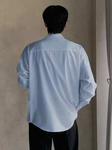 DAZY 男士休闲通勤衬衫，纯色落肩长袖前开襟纽扣衬衫，春秋季 - 淺藍色 - 查看 4