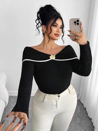 Elenzga Plus Size Women Metal Decor Off Shoulder Long Sleeve Fitted Fashionable Sweater