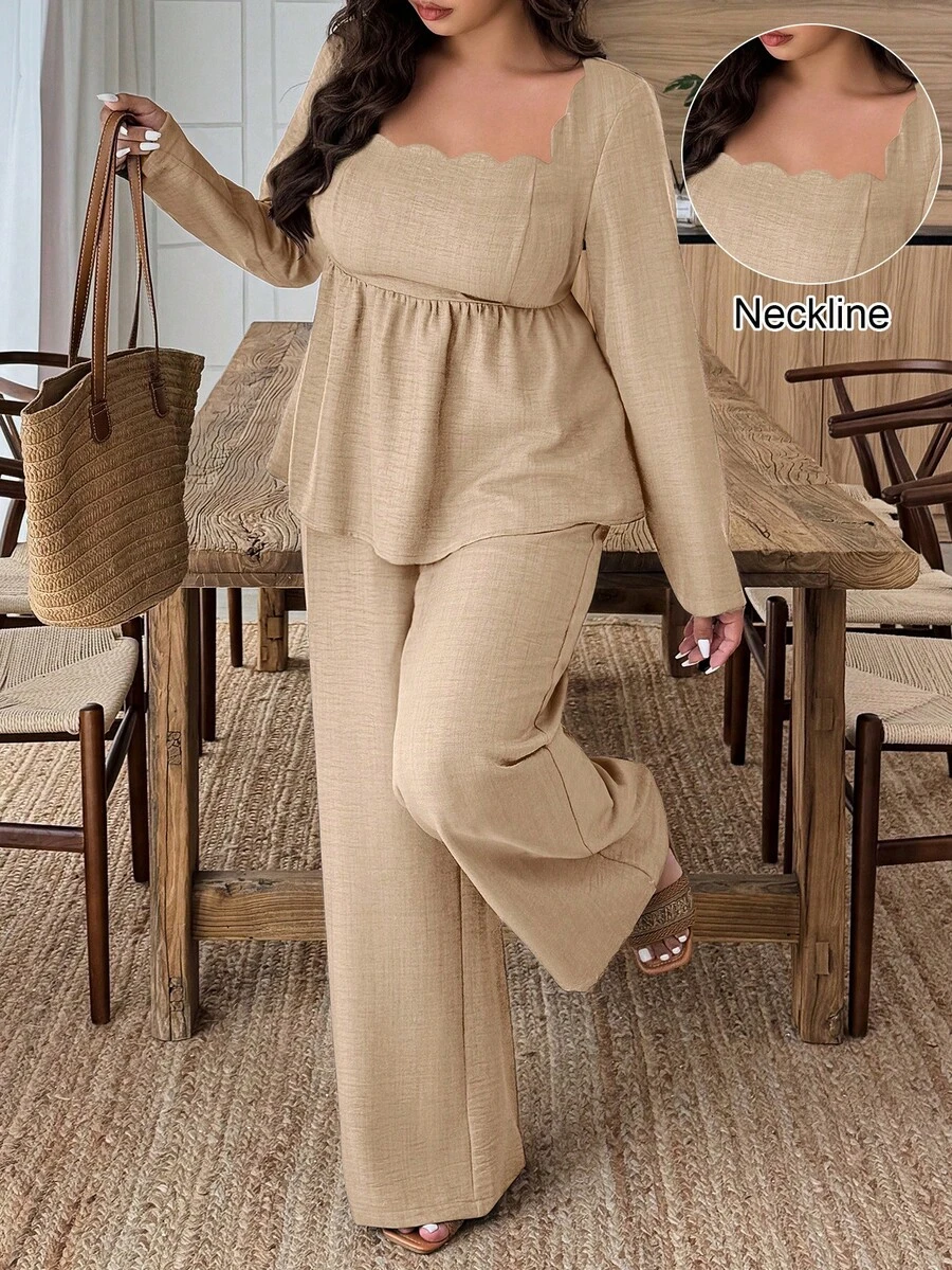 Weeklong 2pcs Set Square Neck Scalloped Hem Faux Linen Pants Suit - Khaki - View 1