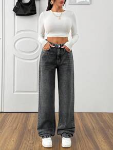 HIGH WAIST CASUAL STYLE DENIM STRAIGHT - Dark Grey - View 3