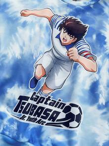 Captain Tsubasa X SHEIN Bộ áo nỉ cổ tròn trễ vai màu xanh và trắng in họa tiết bóng đá cho bé trai tuổi teen cỡ lớn - Màu xanh lam - Xem 4