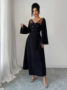 Yasmyna 女式优雅系腰 A 字连衣裙，带串珠网眼花卉蕾丝花边，长袖，黑色 - 黑色 - 查看 1