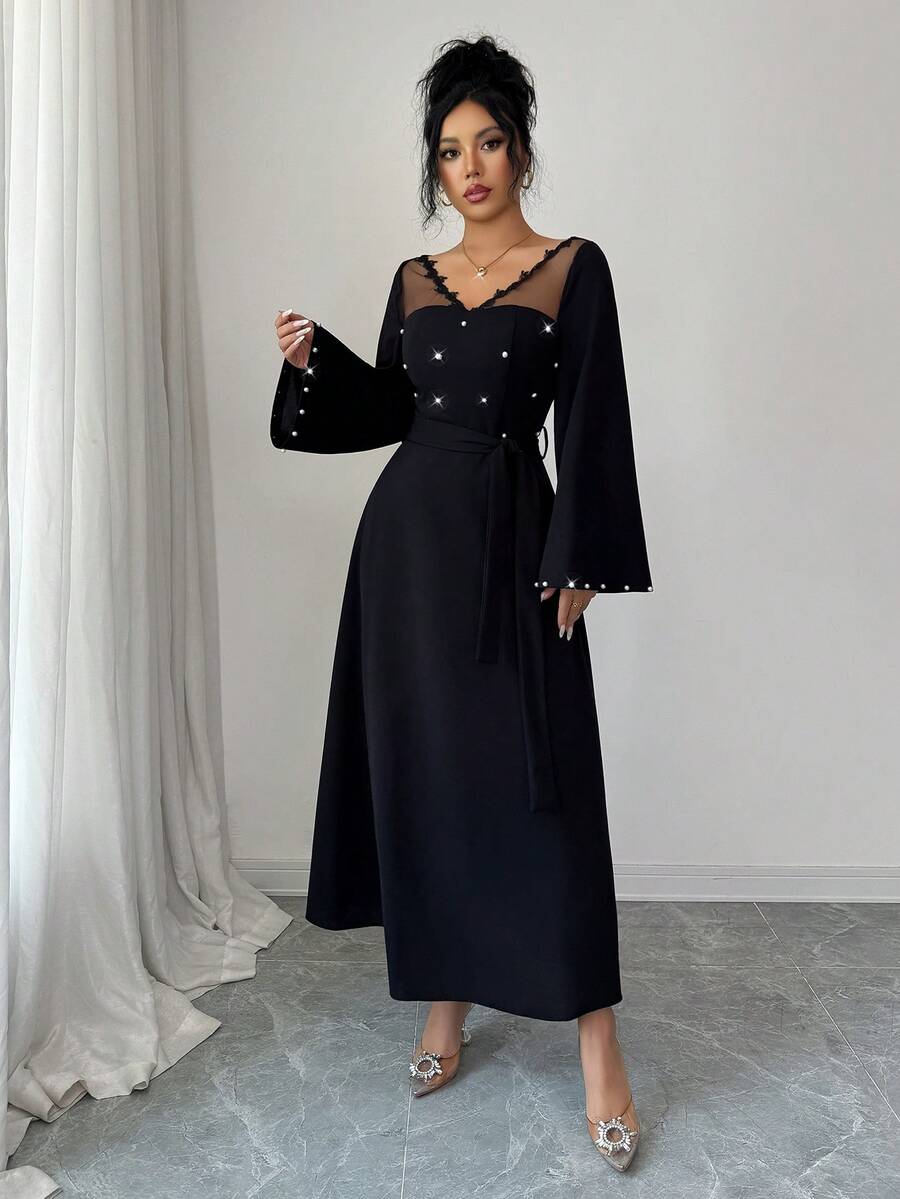 Yasmyna 女式优雅系腰 A 字连衣裙，带串珠网眼花卉蕾丝花边，长袖，黑色 - 黑色 - 查看 1