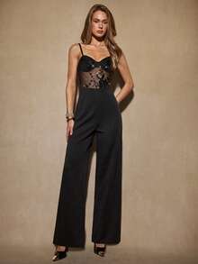 SHEIN BAE Damen Jumpsuit mit ärmellosem, transparentem, besticktem und perlenbesetztem weitem Bein, schwarz, geeignet für Cocktailpartys, romantische Dates, Herbst-/Winterunterziehsachen, Zusammenkünfte, Partys, formelle Anlässe, Halloween, Weihnachten - Schwarz - Übersicht 3