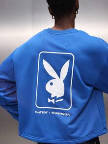 PLAYBOY X SUMWON Áo nỉ dáng croptop tay dài in logo chú thỏ ở mặt sau cho phong cách dạo phố thường ngày - Màu xanh lam - Xem 1