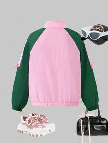 Tween Girls' Casual Cute Korean Style Bow Print Lightweight Jacket, Suitable For Back To School, Graduation Season - Multicolor - View 2