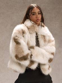 SHEIN Glamour 女士冬季石花狐狸领短夹克 - 米色 - 查看 1