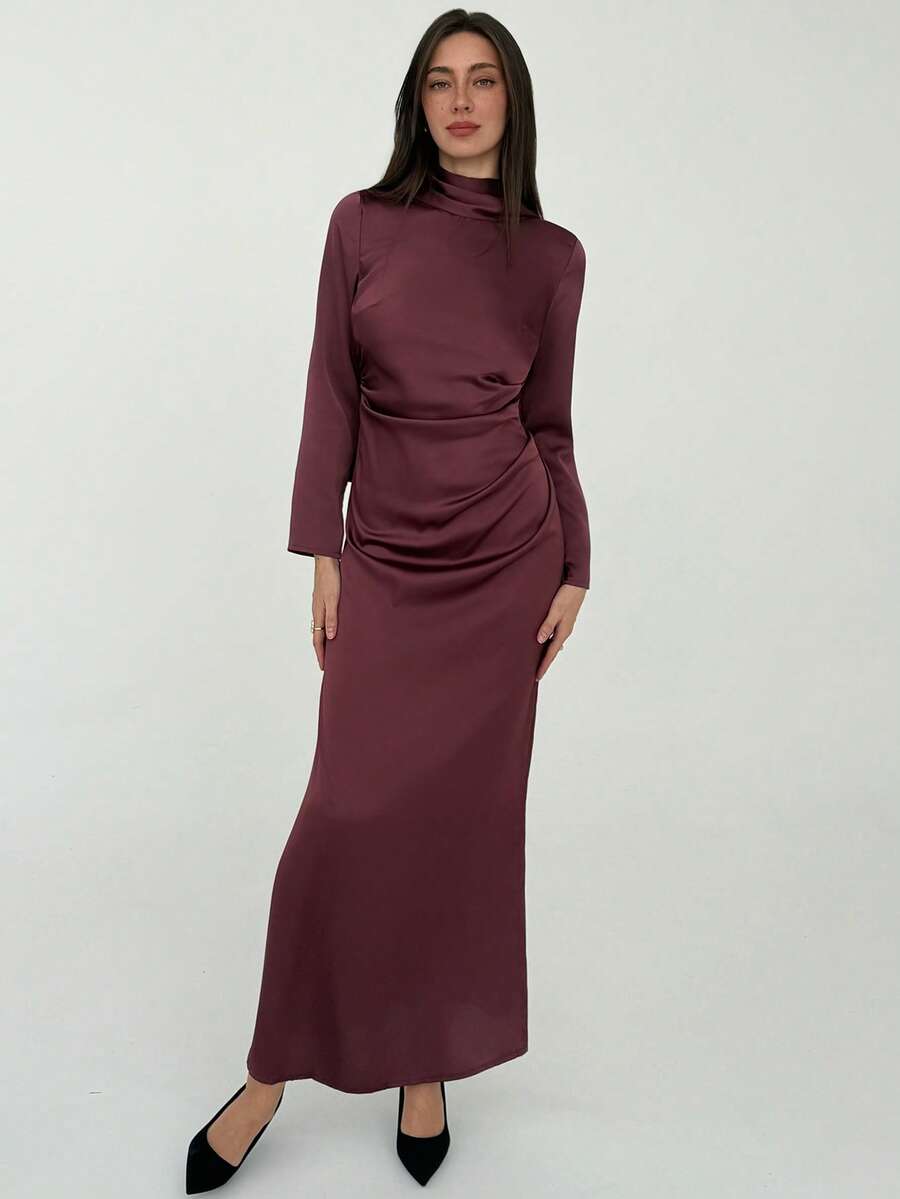 Aloruh Women's Backless Ruched Waist Fishtail Maxi Dress, Autumn/Winter Burgundy - Burgundy - View 1